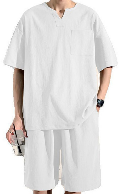 ORZQU 여름 남자 캐주얼 솔리드 루즈핏 브이넥 티셔츠 반바지 투피스