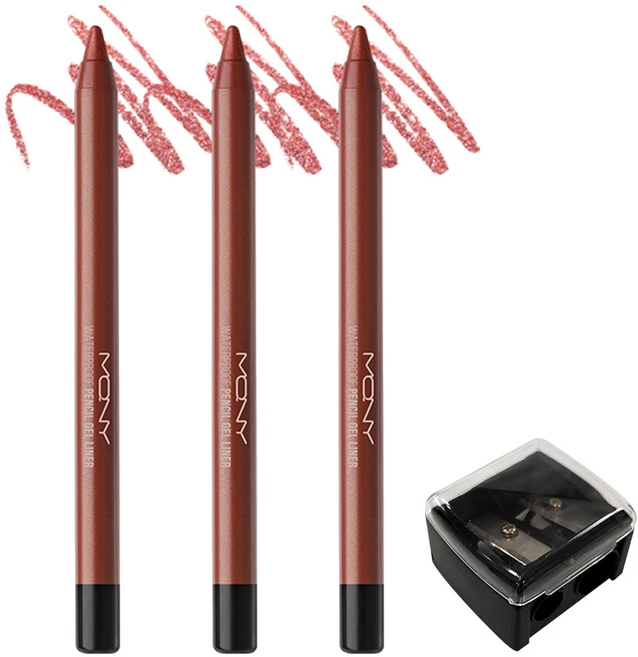 [1+1+1] MQNY 워터프루프 펜슬 젤 아이라이너 1.7g 7종 (+샤프너)/ 애교살 점막라이너, 1세트, 로맨틱여신 3개+샤프너 - 쿠팡