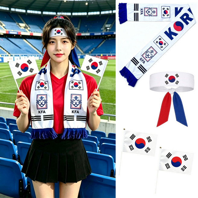 축구 대회응원세트 응원머플러+헤어밴드+손깃발 4P세트 응원용품, 4개, 화이트