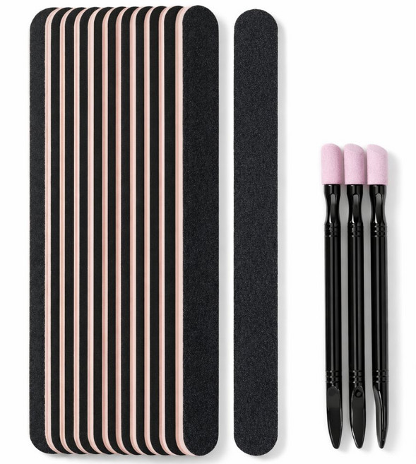 네리크 양면 네일 파일 100/180 그릿 10p+큐티클 제거 스톤 푸셔 3p, 1세트, 블랙