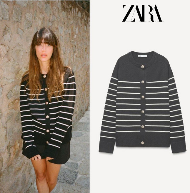 ZARA 자라 스트라이프 긴팔 여성 라운드 니트 가디건 루즈핏 봄 가을 루즈핏 553601
