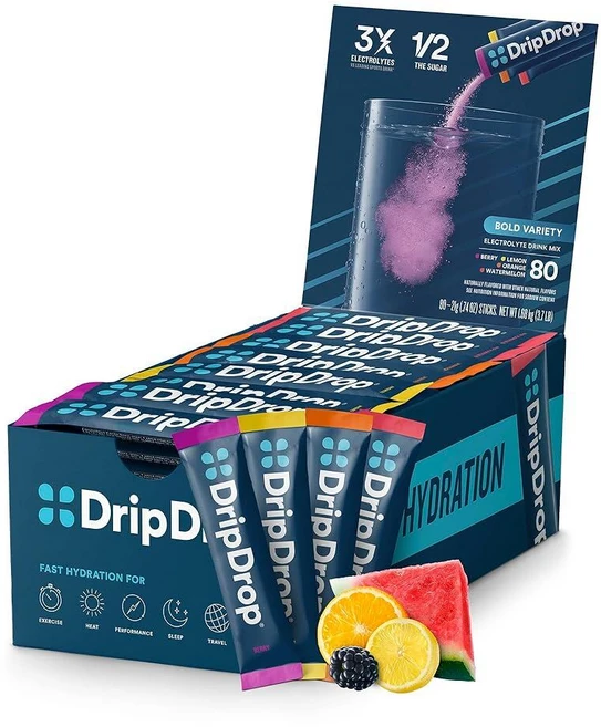 DripDrop 하이드레이션 패킷 - 대담한 버라이어티 팩 - 1인용 전해질 파우더 드링크 믹스 - 수박 베리 레몬 오렌지 - GMO 프리 글루텐 프리 비건 - 스틱 - 쿠팡