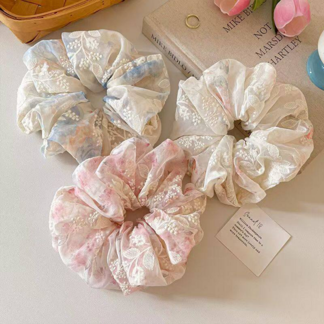 띵룸 쉬폰 곱창 머리끈 대형 헤어슈슈 플라워 자수 레이스 3종 세트