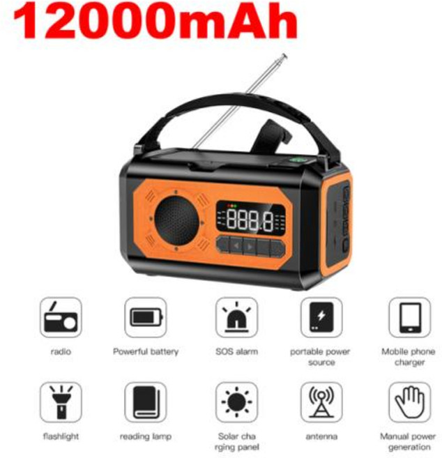 태양 전지 패널 2 개가 있는 비상 태양광 라디오 1200010000mAh AMFMNOAA 날씨 라디오 태양광 핸드 크랭크 독서 램프 SOS 알람, 3) Orange 12000mAh