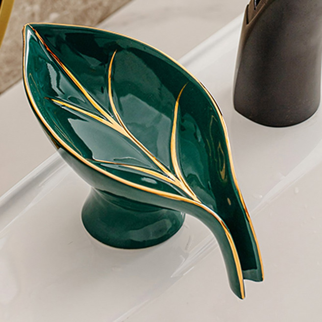 트렌드컨테이너 세라믹 무타공 물빠짐 나뭇잎 받침대, 그린