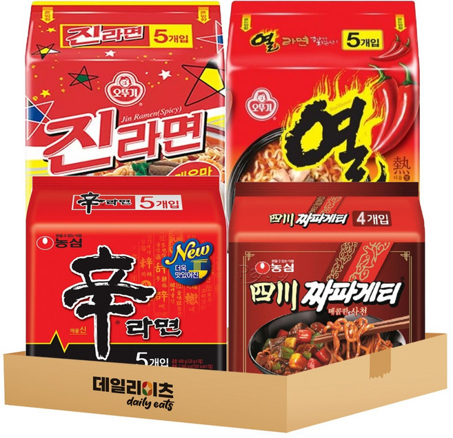 [데일리이츠] 맵부심 매운맛 봉지라면 멀티팩 4종 세트 (신라면5 사천짜파게티4 진라면매운맛5 열라면5), 2세트