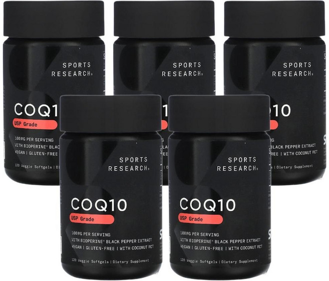 스포츠 리서치 CoQ10 USP 등급 BioPerine 함유 100mg 베지 소프트젤 120정 5개, 120 Veggie Softgels