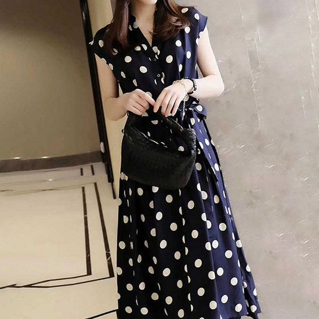 ORZQU 여성 여름 시원한 허리 조임 날씬해 보이는 도트 원피스