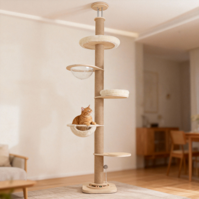 MILA&LOUIS 대형 원목 냥이 놀이터 고양이 집사 장난감 캣폴 다기능 고양이 캣타워 클라이밍 놀이터 (우주 매트+깃털장난감 증정), 1개, TTC-01
