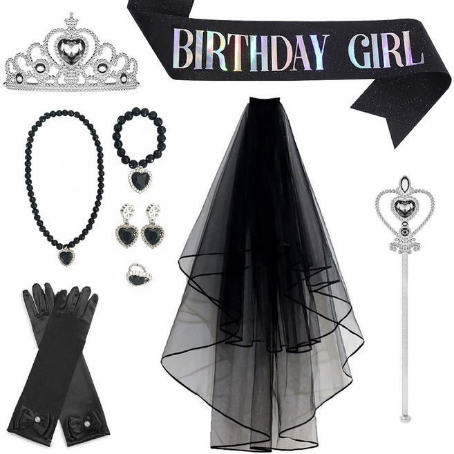 [청춘교복] 공주세트 9종 브라이덜샤워 셀프웨딩 생일 어깨띠 축하 파티 연말 선물 소품 프린세스 코스튬 주얼리 왕관 요술봉 면사포 베일 목걸이 액세사리, 1개, 블랙-벌스데이걸