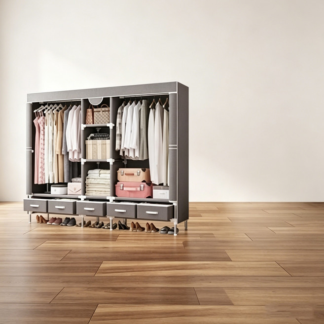 簡易組裝大容量布衣櫃 淺灰色185公分 抽屜式收納衣櫥 附防塵布套 分區規劃穩固耐用, 淺灰色185CM+含布套+送5個抽屜