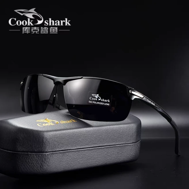 Cook Shark 신제품 알루미늄 프레임 자외선 지능형 편광 루어 낚시 선글라스 스포츠 고글, 블랙 렌즈 +블랙 프레임 - 쿠팡