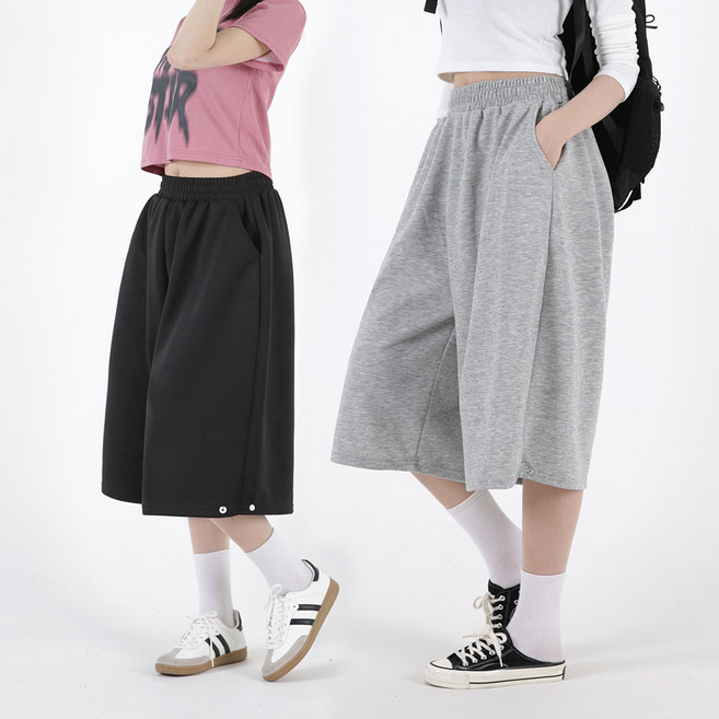 오버나인 여자 여성 롱숏 와이드 사이드 밑단버튼 버뮤다팬츠 반바지