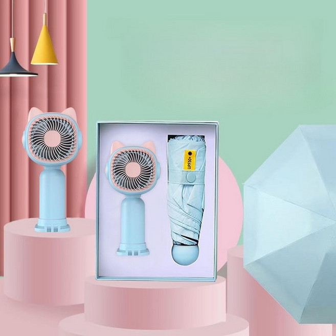 소호픽 여성 우산 종합 선물 세트 + 휴대용 미니 선풍기 사은품, 고양이귀 선풍기+블루 우산, 기본 모델명/품번