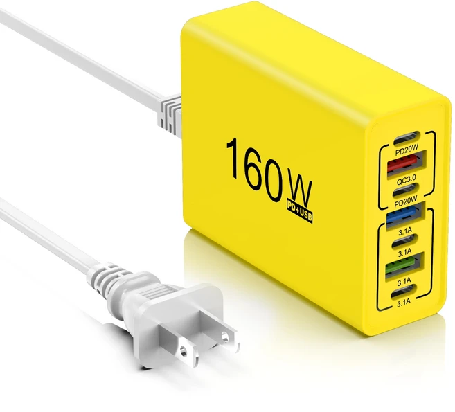 160W 7포트 벽면 충전기 고속 타입 C 충전기 PD 고속 충전 아이폰용 EU/US 여행용 충전기, US Yellow
