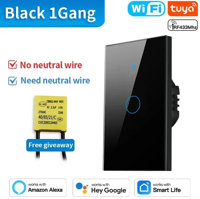 TNCE 투야 와이파이/지그비 스마트 벽 스위치 1/2/3/4 갱 터치 센서 앱 제어 알렉사 구글 홈 연동, 13 WIFI Blakc 1Gang, 01 TNCE
