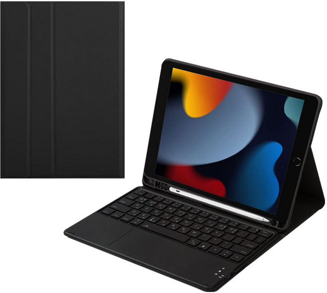 CSHINE 아이패드 애플펜슬 수납 led터치패드 트랙패드 블루투스 키보드 케이스, 검정