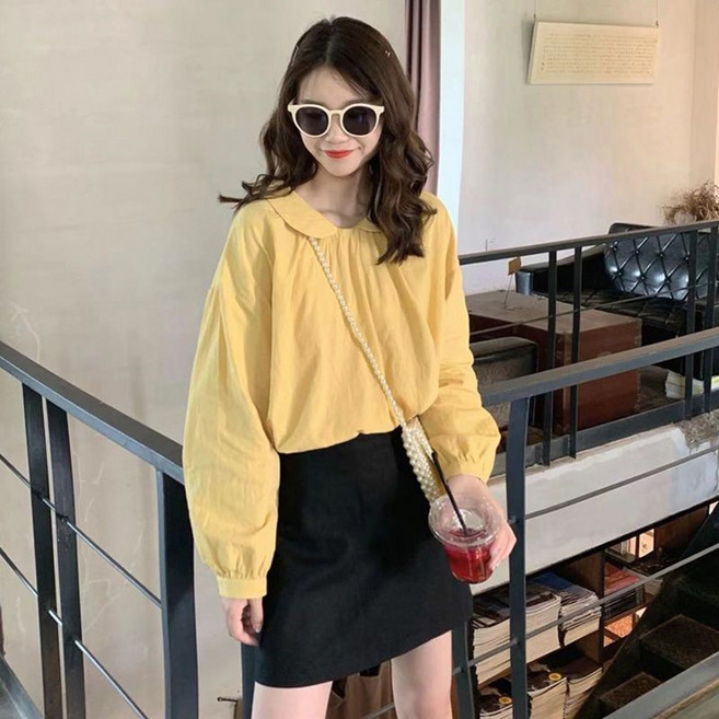 長袖娃娃領襯衫 女寬鬆韓版復古設計感百搭上衣