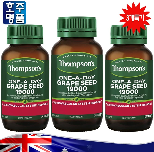 호주 톰슨 Thompson's Grape Seed 원어데이 포도씨 추출물 19000mg, 3개, 120정 - 쿠팡