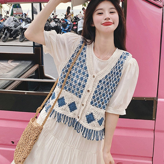 스타일아유 레트로 크로쉐 니트 베스트 가디건 여성용 브이넥 숏기장 민소매 나시 VT0408