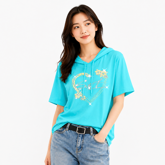 빌리즈빈 여성 캐주얼 큐빅 반팔 후드 티셔츠 G1247