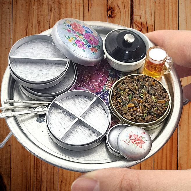 레트로 찬합 4종 세트 인테리어 소품 장식 도시락 미니어쳐 미니어처, 1번 레트로 찬합 4종 세트(찬합3+반찬통1)실버, 1개