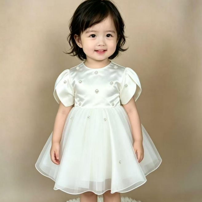 빠른배송 진주 퐁퐁 돌드레스 백일드레스 80호 여아 퓨어소매 플레어 원피스 생일선물 D-016