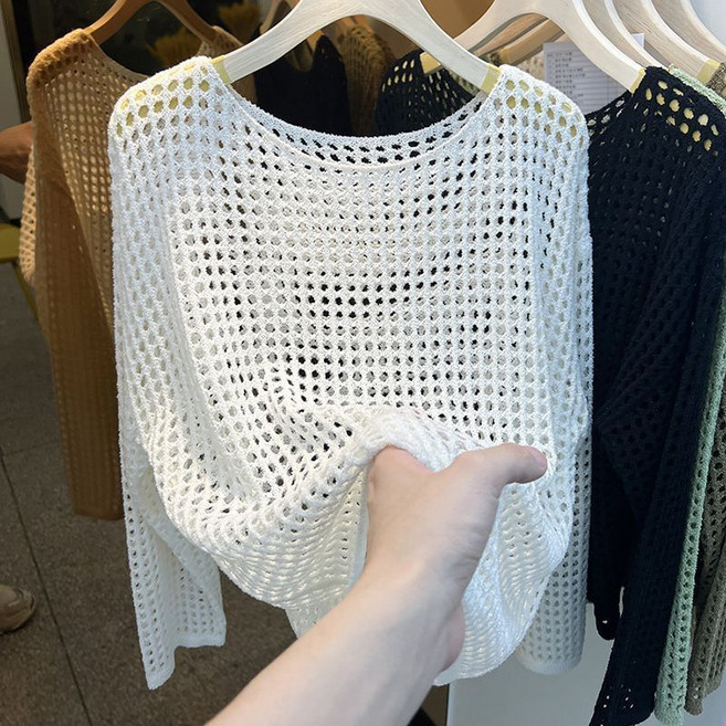 Makone 여성 라운드넥 긴팔 펀칭 니트 블라우스 캐주얼 심플 솔리드 메쉬 티셔츠