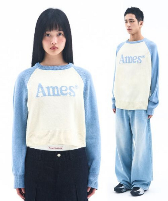아메스 월드와이드 amesworldwide BASIC RAGLAN PULLOVER KNIT LIGHT BLUE