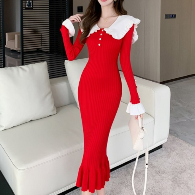 레이디 매직(lady magic) 모던 배색 슬림핏 프렌치 니트 플레어 롱 원피스