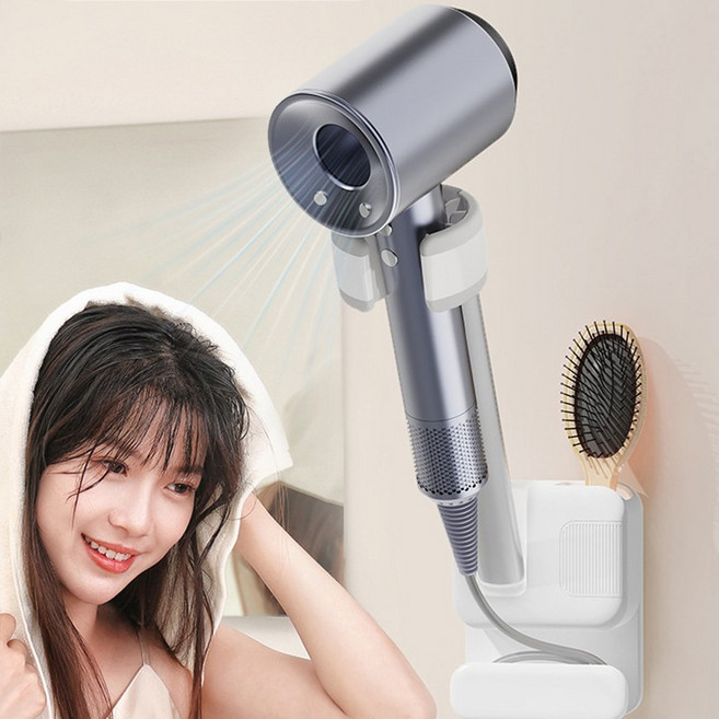 이플 손 놓고 사용할 수 있는 무타공 벽걸이 드라이기 거치대 360도 조절 가능, 화이트, 1개