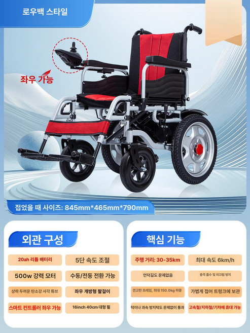 전동휠체어 스마트 전자동 경량 접이식 리튬배터리, 1개, 낮은등받이 20a 차고 30km 쉽게 오르기, 기본 색상