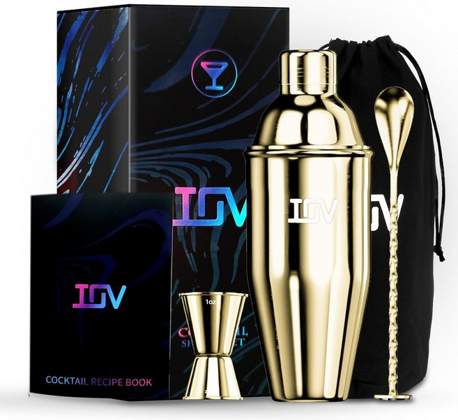 IOV 칵테일 셰이커 바 세트 체가 내장된 24온스 마티니 레시피 책자가 포함된 도구 키트 전문 스테인리스 스틸 대형 바텐더 음료 마가리타 알코올 믹서 - 골드, Rose Gold