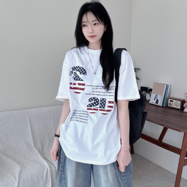 US성조기반팔티 여름 캐쥬얼룩 여자 반팔 꾸안꾸룩 오버핏