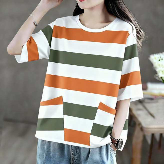 ROYALBELLE 여성 라운드넥 반팔 스트라이프 프린트 포켓 빅사이즈 캐주얼 티셔츠 K0031028
