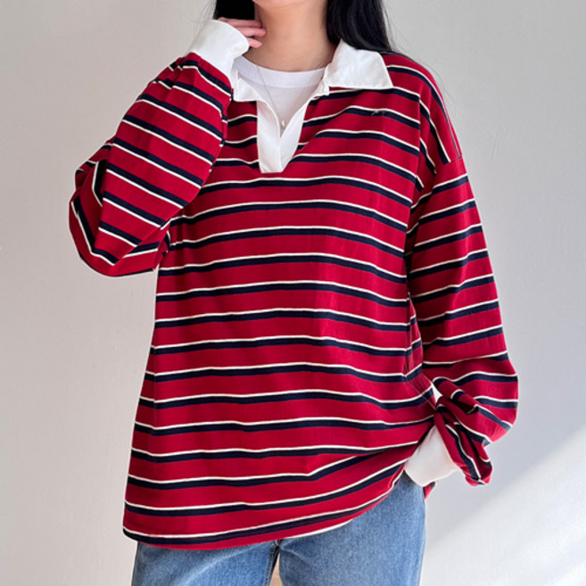 걸즈팩토리 여성용 하스카라 스트라이프 오버핏 긴팔티셔츠 국내제작