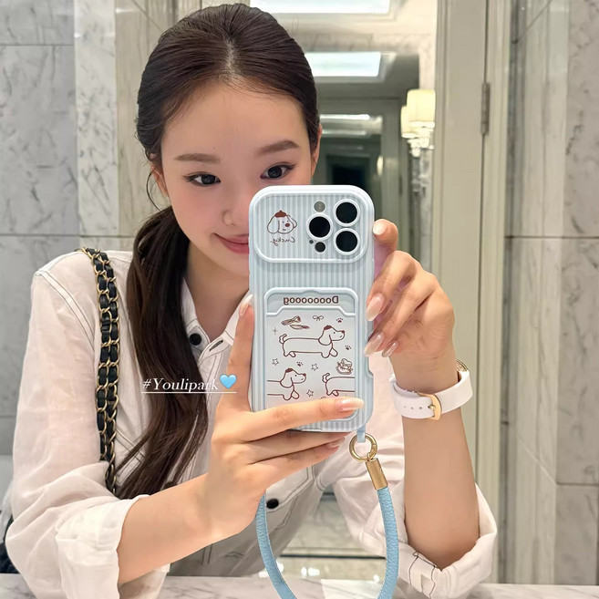 복우롱 카드수납 가능 귀여운 캐릭터 인형 스트랩 아이폰 케이스 레오파드 체크