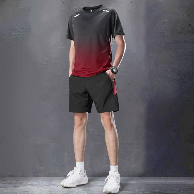 運動套裝男跑步速乾衣冰絲t恤短袖羽毛球服夏季新款短褲健身衣服