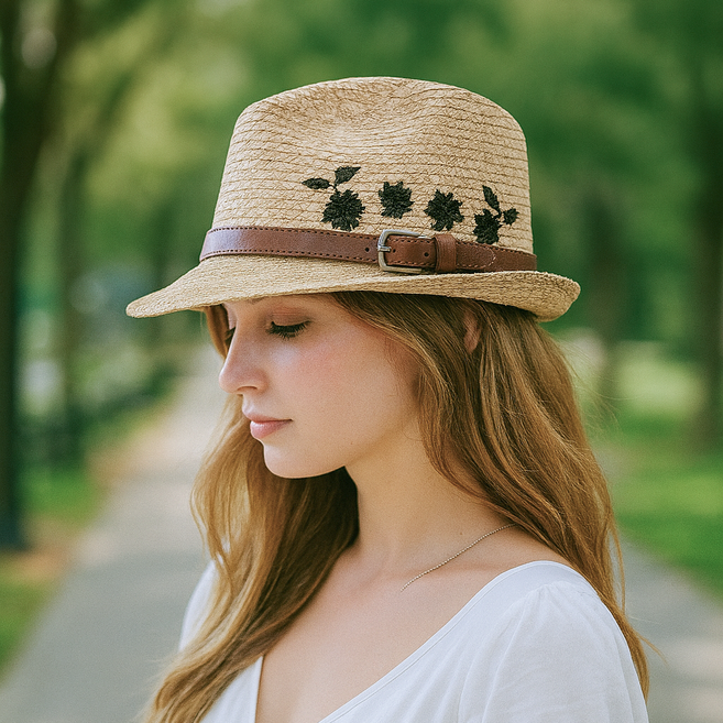 팸드님 라피아 벨트 포인트 꽃자수 여름모자 여성 페도라