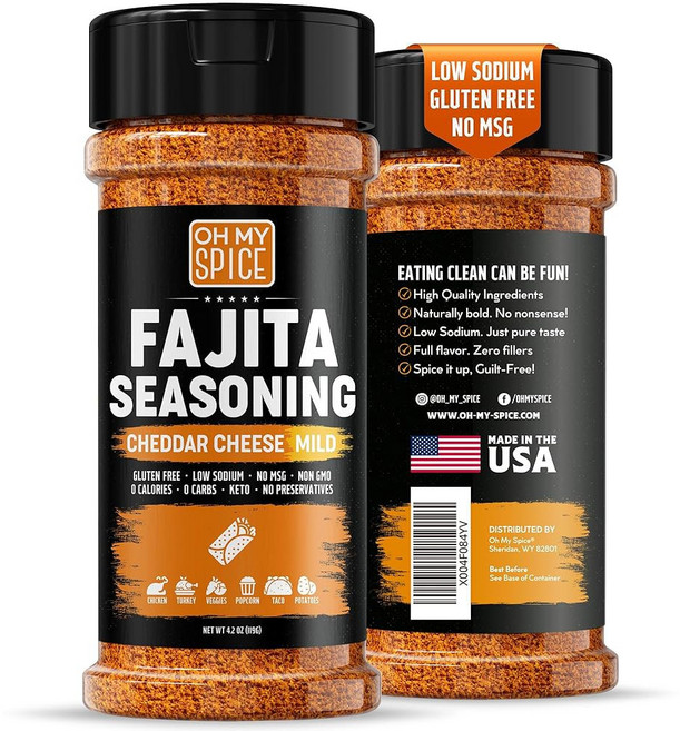 파히타 조미료 믹스 바비큐 루브 - 고기 채소 스테이크 치킨 파히타를 위한 글루텐 프리 및 저나트륨 멕시코 조미료 블렌드. 바비큐 파우더 맛 향신료. 파히타 조미료. 타코, Mild Cheddar Cheese, 1개