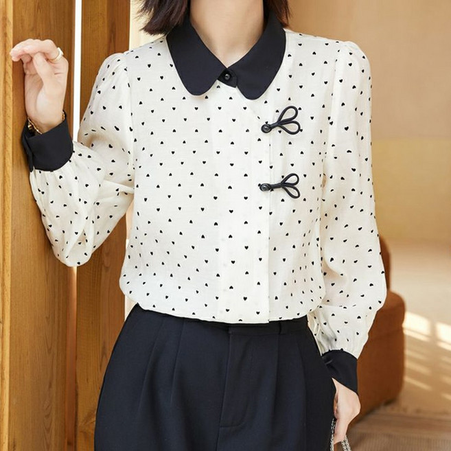 TKX 블라우스 여성용 봄 가을 긴팔 레트로 도트 무늬 칼라 여성남방 면접블라우스 KS97