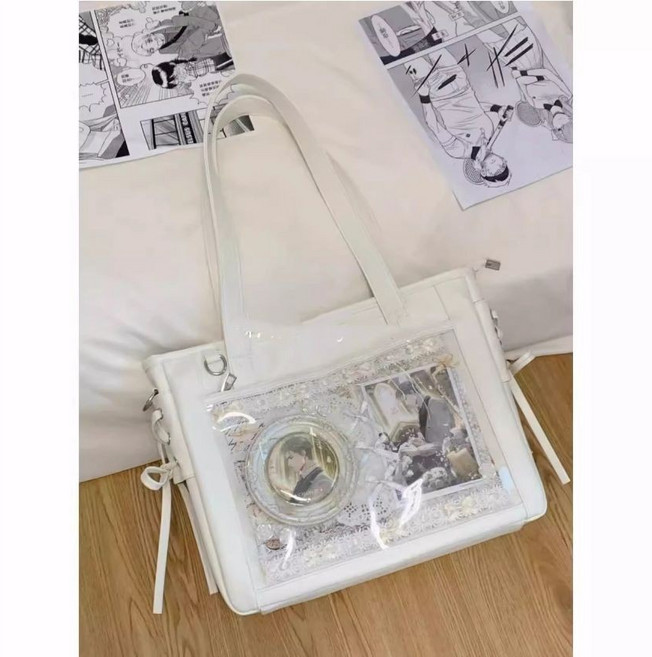 莉莉糖 原創自制 痛包 皮面綁帶托特 大容量通勤單肩斜挎包, 白色單包（送斜挎帶）