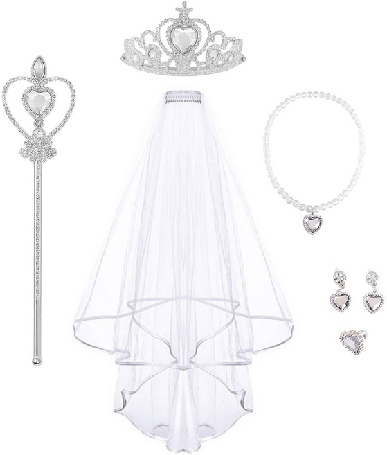 [청춘교복] 공주 생일 파티 용품 5종세트+베일 브라이덜샤워 셀프웨딩 축하 연말 선물 소품 프린세스 코스튬 주얼리 왕관 요술봉 면사포 목걸이 액세사리, 1개, 화이트