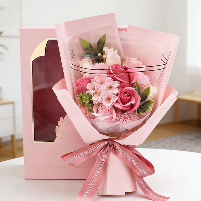 Leesheer 시들지않는 장미 꽃다발 LED 비누 꽃다발 어버이날 스승의 날 선물 + 선물상자, 분홍색