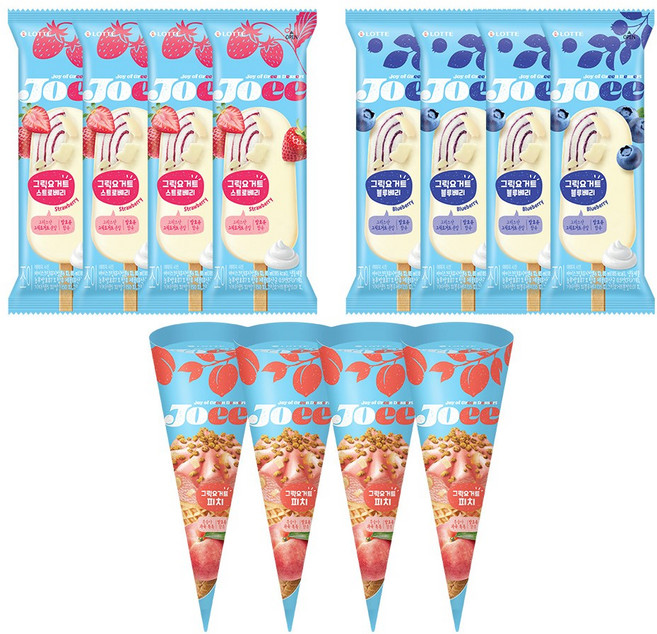 JOEE 조이 그릭요거트 피치콘x4+블루베리x4+스트로베리x4, 1세트, 1.28L