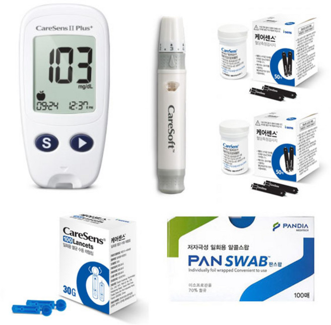 케어센스 II Plus플러스 혈당측정기 풀세트 (혈당측정기 + 혈당시험지 110매 + 채혈침 110개 + 판디아판스왑 100매) 혈당측정기 세트 SW, 1세트