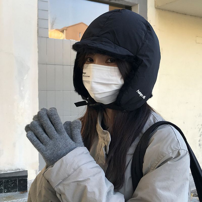 冬季雷鋒帽 加絨保暖護耳帽 防寒騎行滑雪飛行帽, 麪包帽【黑色】,均碼（55-58）