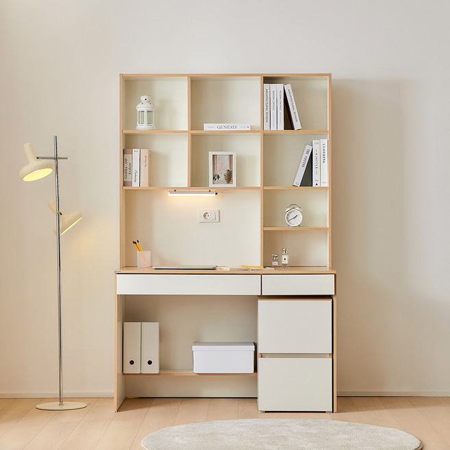 동서가구 플로우 LED 몰입형 정면책상 세트 1200+2단서랍장 DF927899, 화이트콤비