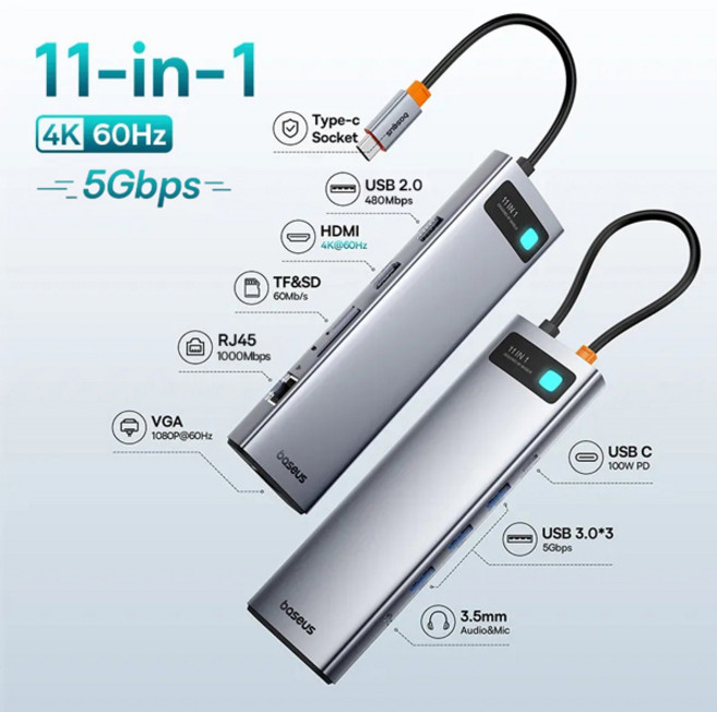 Baseus USB 허브 C타입-HDMI 호환 USB 3.1 허브 어댑터 맥북 허브용 TF SD 도킹 스테이션 10Gbps RJ45 이더넷 포트, [04] 11 in 1 60Hz USB 3.0, 1개