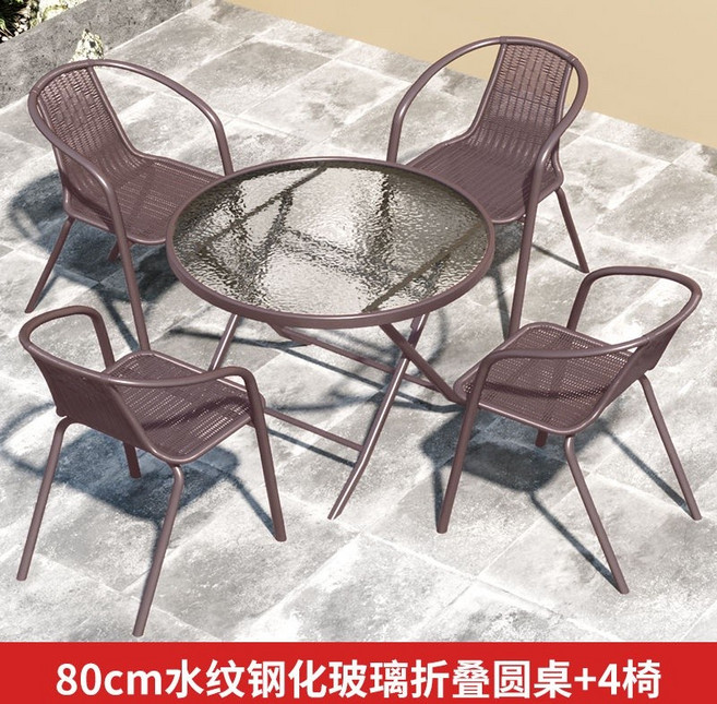 80cm 黑色玻璃圓桌+4椅+香蕉傘, 80水紋折疊圓桌+4椅